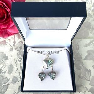 Vintage Abalone & Sterling Silver Hearts Earrings Heart Necklace Jewelry Set